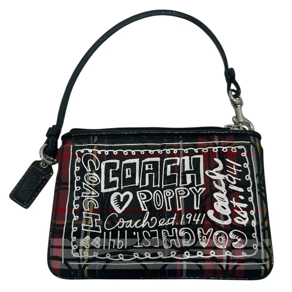 Coach Poppy Tartan Plaid Wristlet Black Red  Graffiti Patent Leather Y2K Vintage